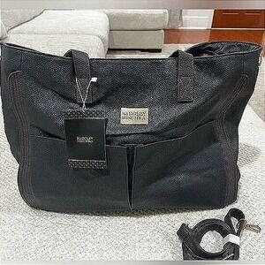 NWT‎ Badgley Mischka Black Pebbled Leather Weekender Bag with Multiple Pockets